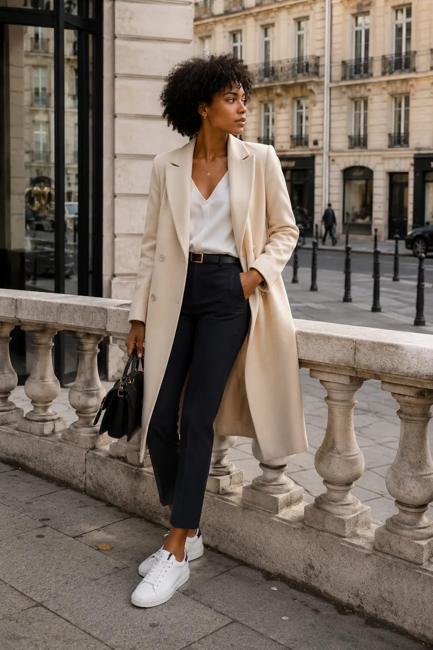 Estilo urbano con abrigo beige y sneakers