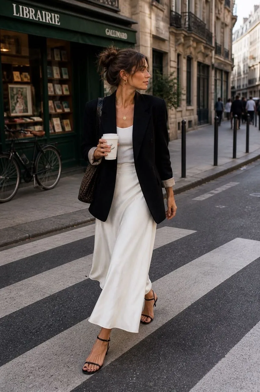 Vestido blanco con blazer negro para un look chic