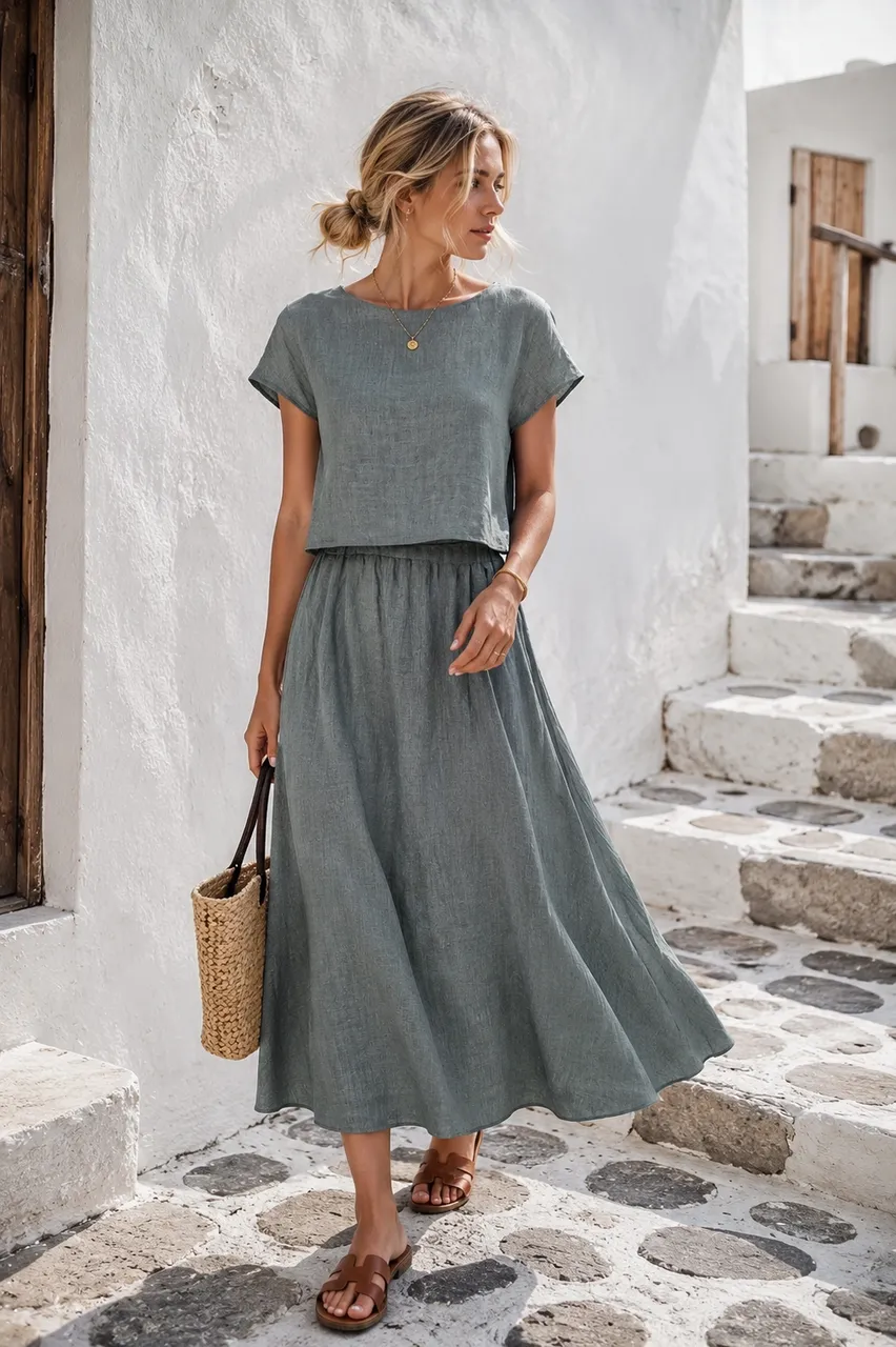 Vestido midi en tonos suaves para un look veraniego