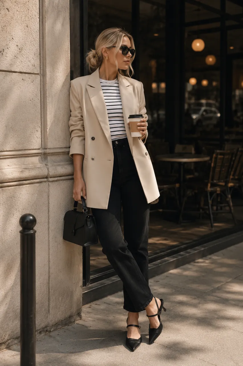 Estilo parisino con blazer beige y denim