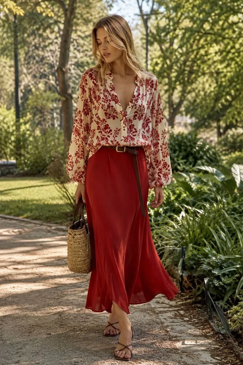 Estilo romántico con falda roja y blusa estampada