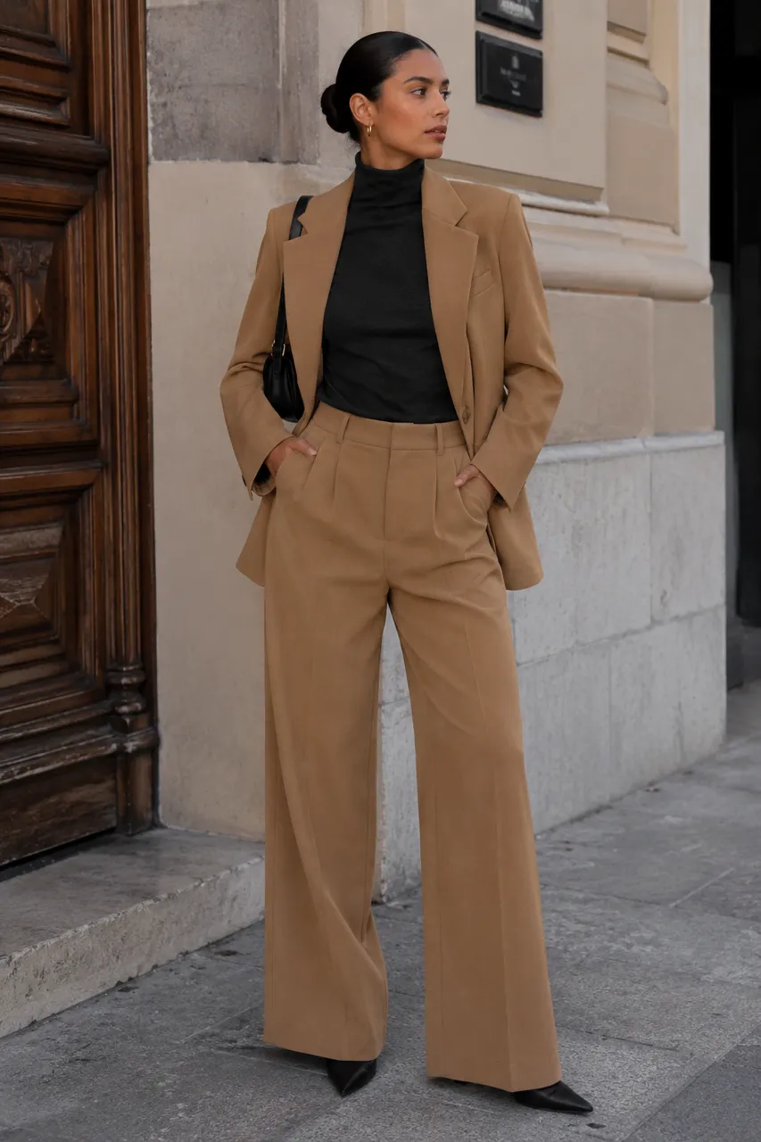 Elegancia en tonos neutros con blazer camel
