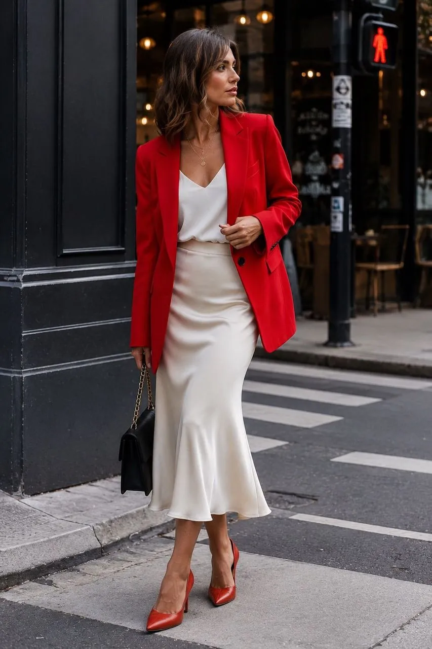 Americana en rojo, blusa en blanco, falda en beige y tacones en rojo