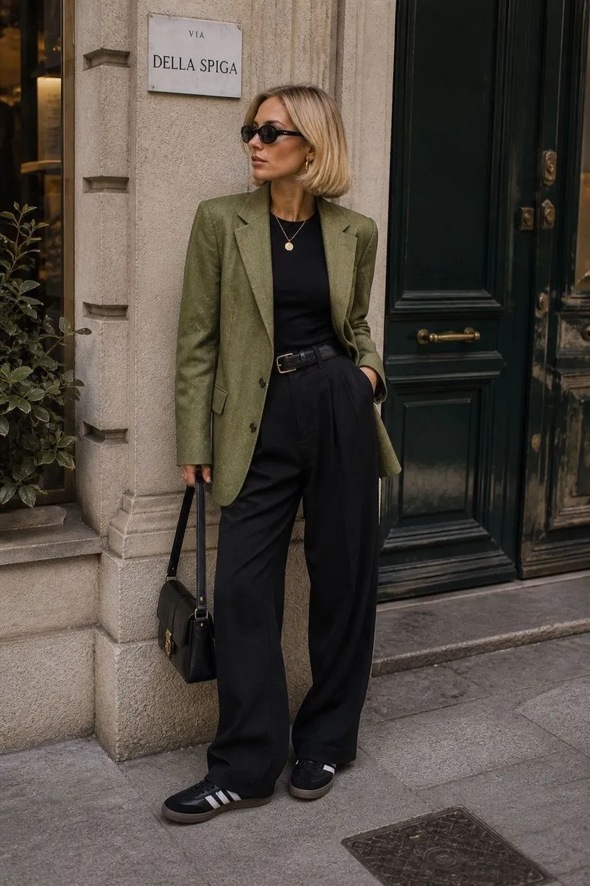 Americana en verde, camiseta en negro, pantalón en negro y deportivas en negro