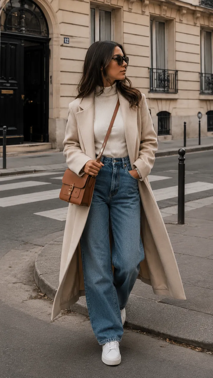 Estilo urbano con abrigo beige y denim