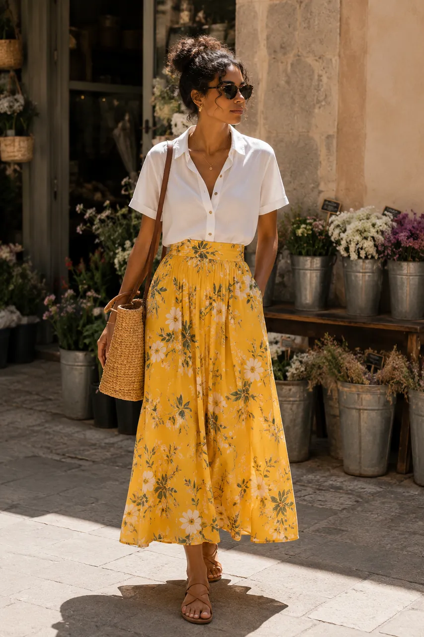 Estilo veraniego con falda floral y blusa blanca