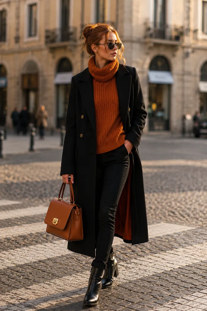 Estilo urbano con abrigo negro y suéter cálido