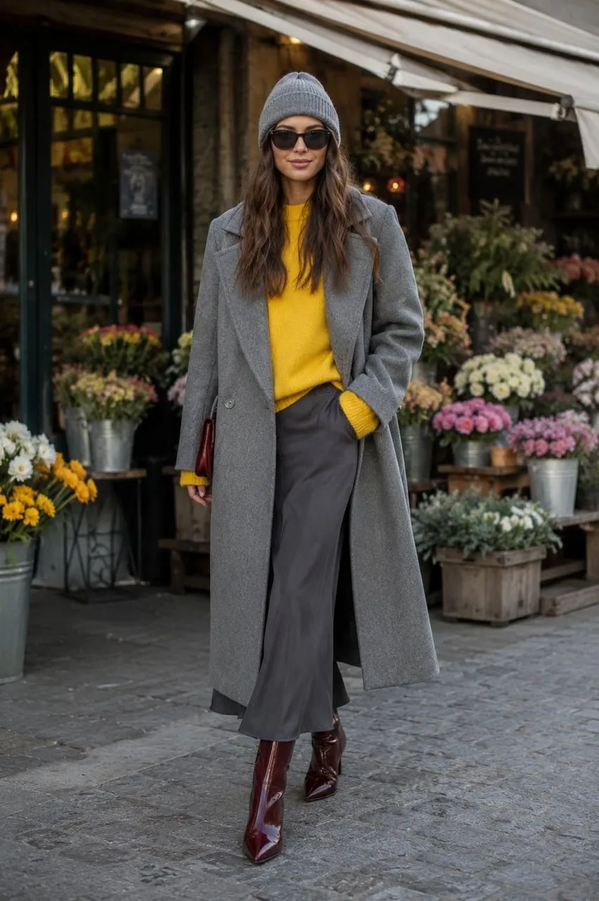 Estilo urbano con abrigo gris y toque amarillo